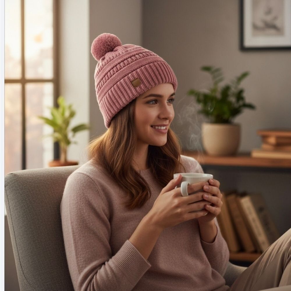 Cozy Pink Knit Pom-Pom Beanie - Picture 2 of 6